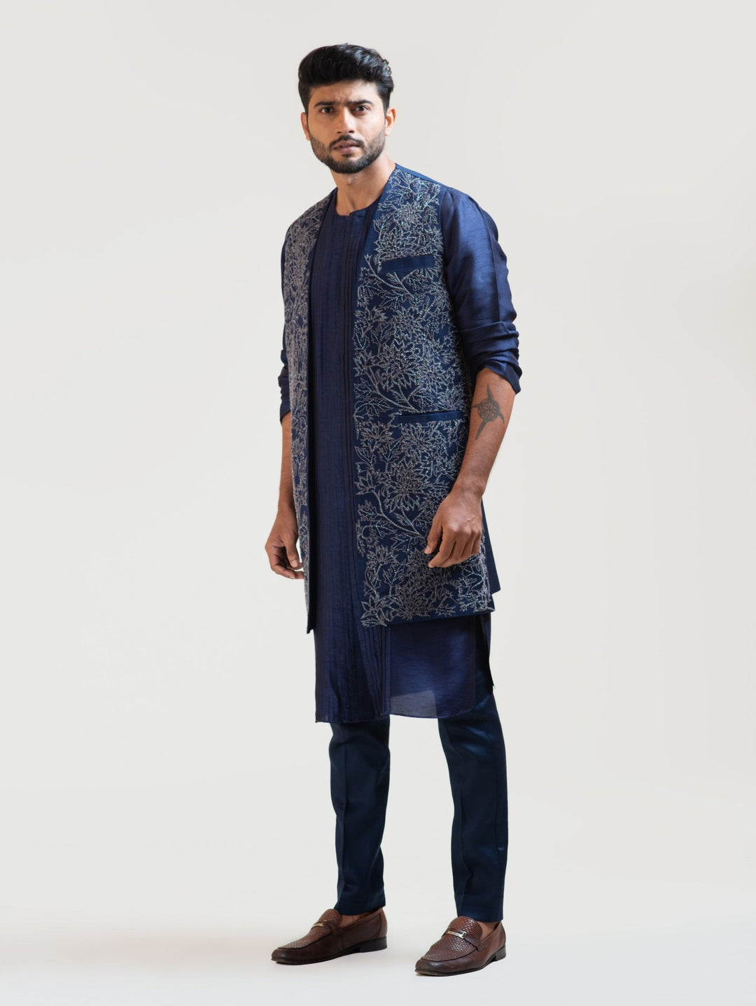 Navy Blue Embroidered Long Jacket Smriti - Fabilicious Fashion