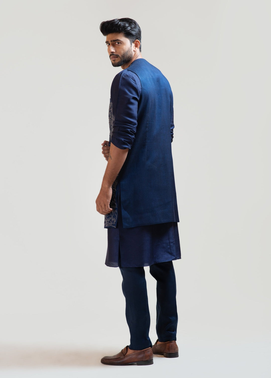 Navy Blue Embroidered Long Jacket Smriti - Fabilicious Fashion