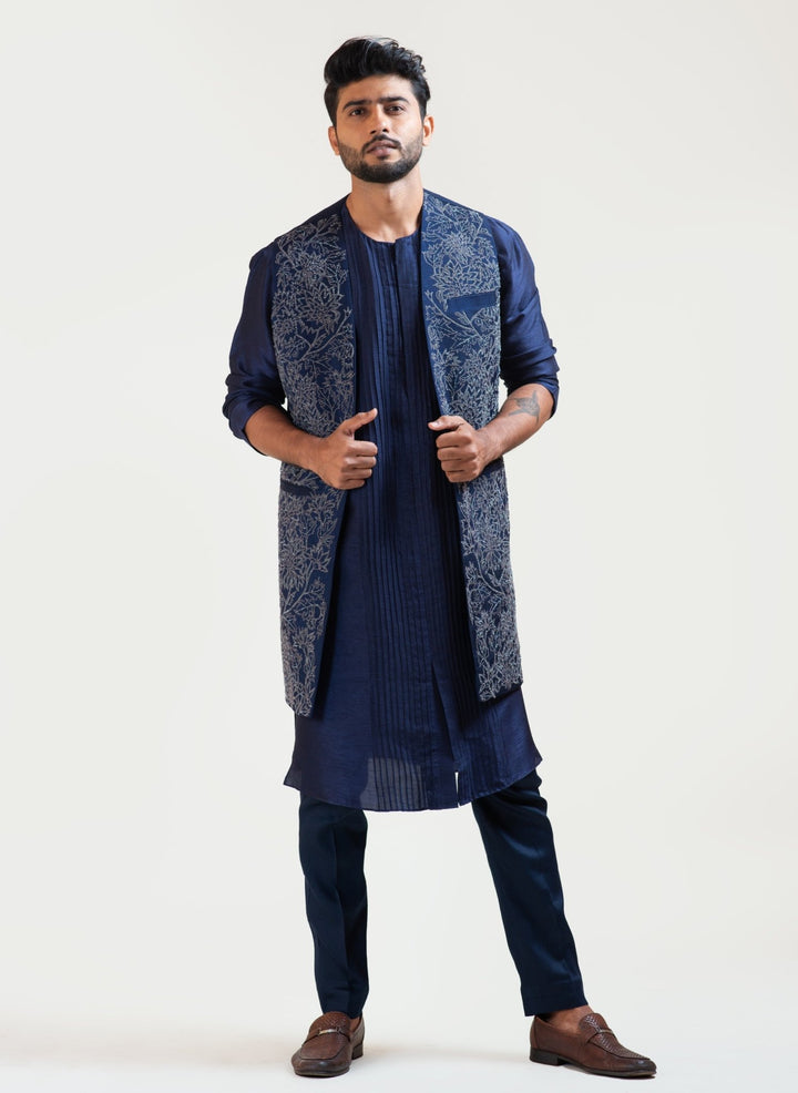 Navy Blue Embroidered Long Jacket Smriti - Fabilicious Fashion