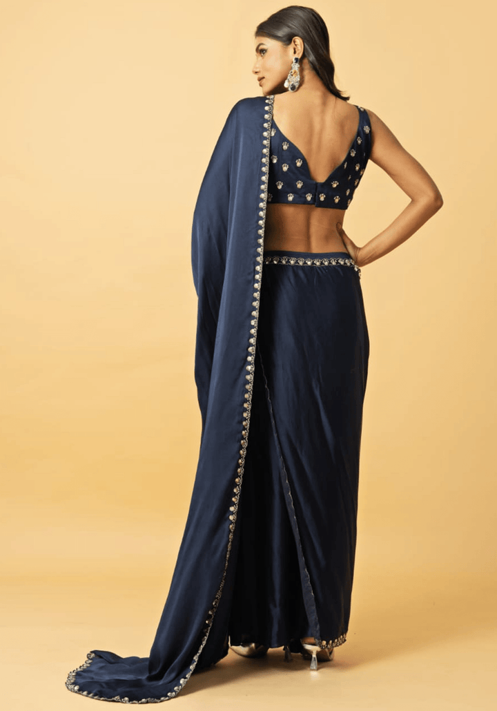 Navy Blue Embroidered Pre Draped Saree Quench A Thirst - Fabilicious Fashion