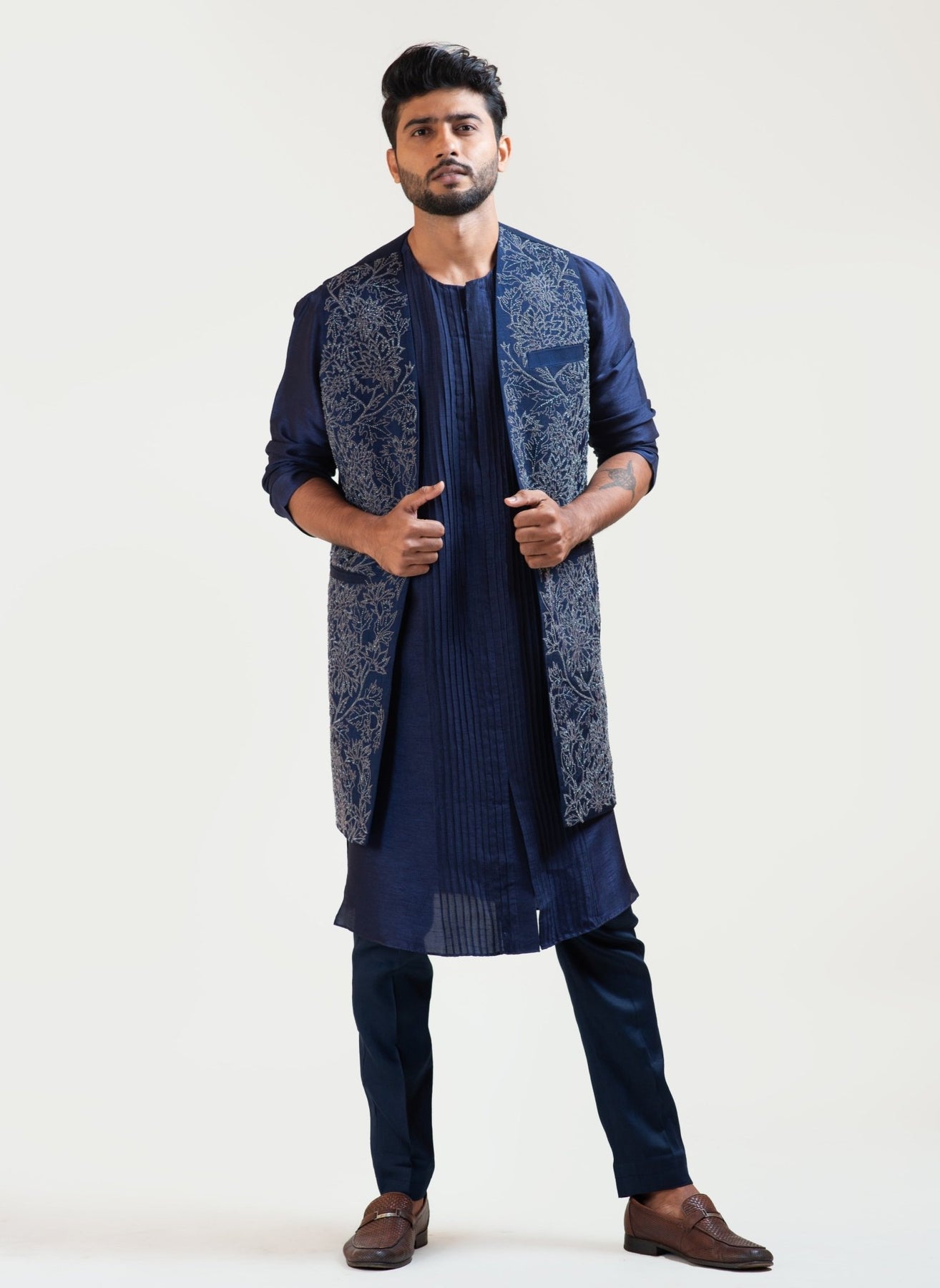 Navy Blue Front Open Silk Kurta Set with a Navy Blue Embroidered