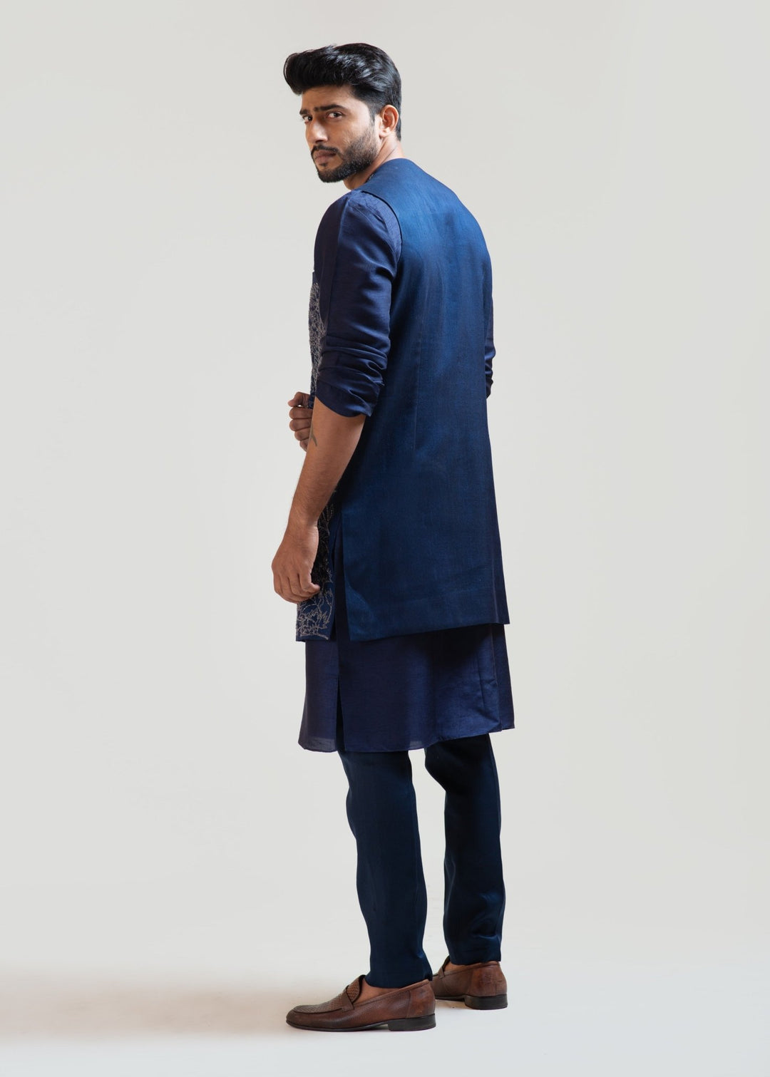 Navy Blue Front Open Silk Kurta Set with a Navy Blue Embroidered Long Jacket Smriti - Fabilicious Fashion