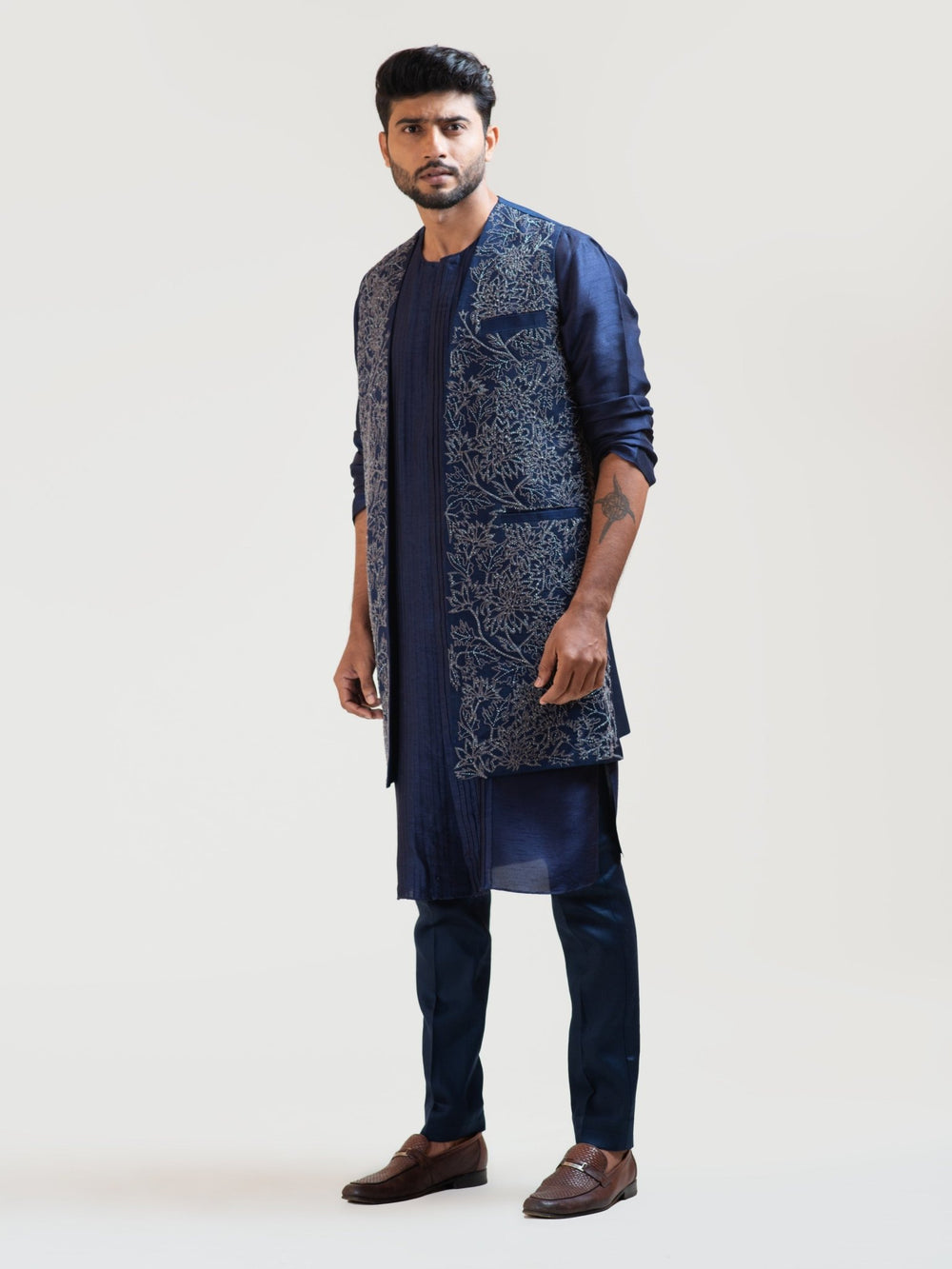 Navy Blue Front Open Silk Kurta Set with a Navy Blue Embroidered Long Jacket Smriti - Fabilicious Fashion