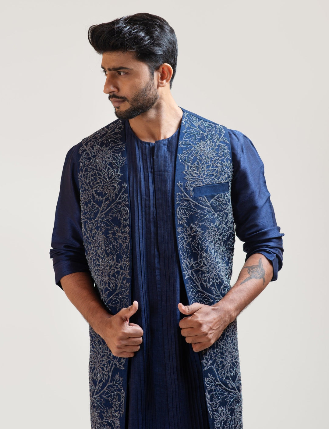 Navy Blue Front Open Silk Kurta Set with a Navy Blue Embroidered Long Jacket Smriti - Fabilicious Fashion