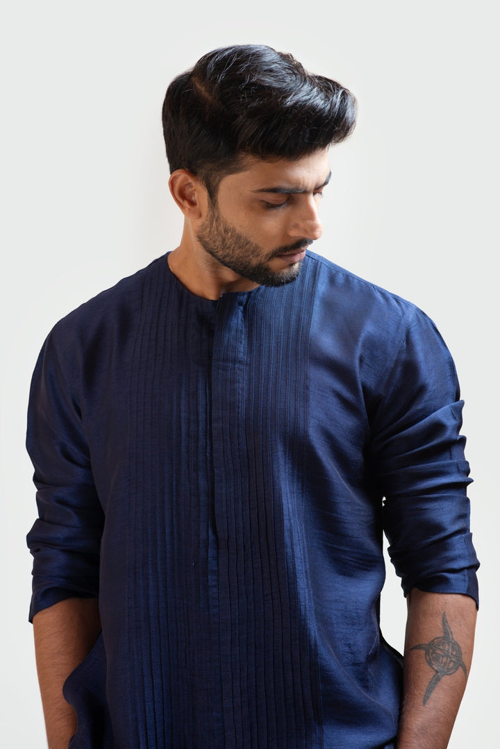 Navy Blue Front Open Silk Kurta Set Smriti - Fabilicious Fashion