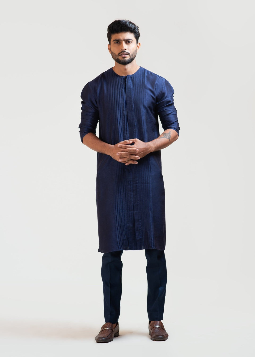 Navy Blue Front Open Silk Kurta Set Smriti - Fabilicious Fashion