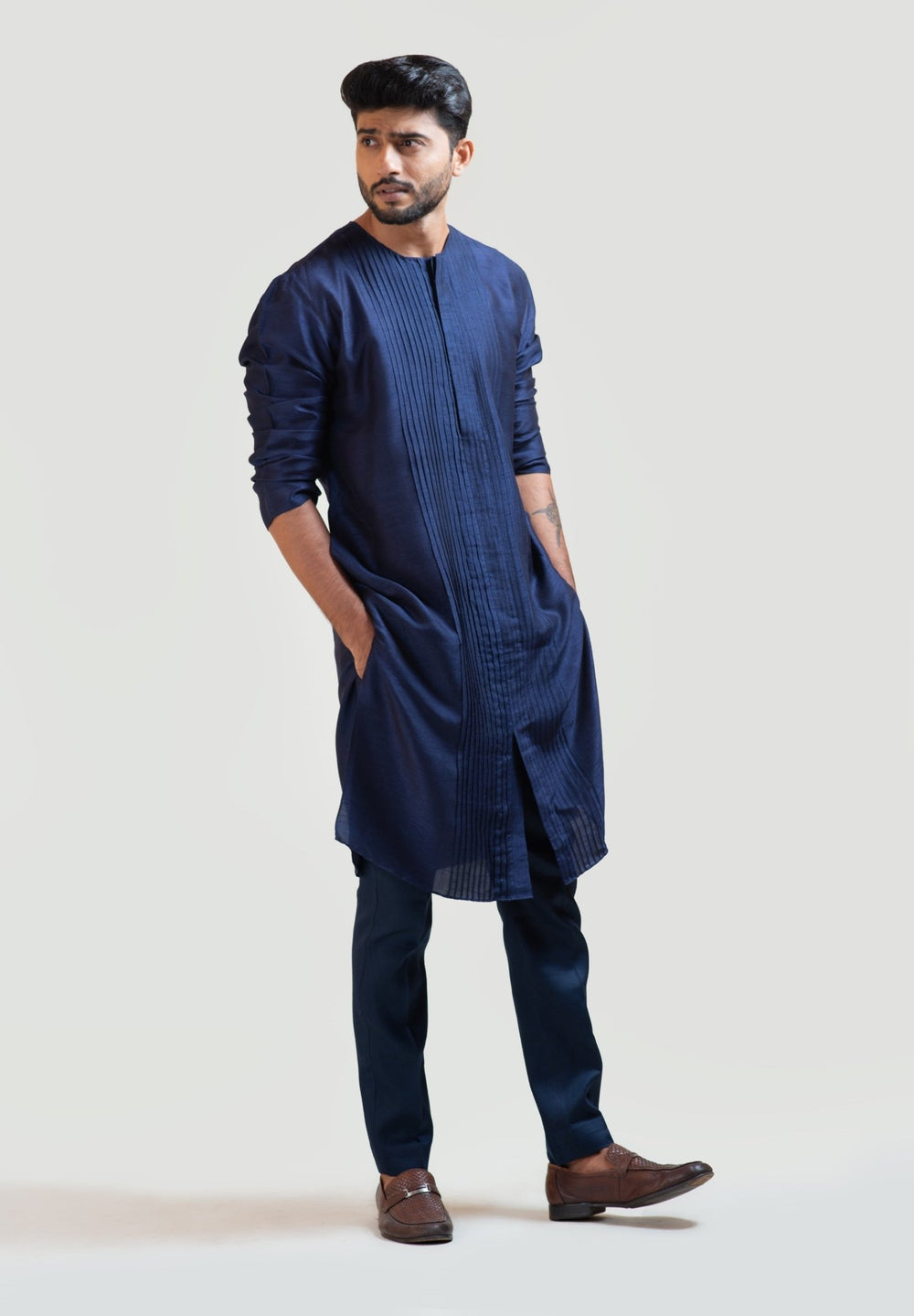 Navy Blue Front Open Silk Kurta Set Smriti - Fabilicious Fashion