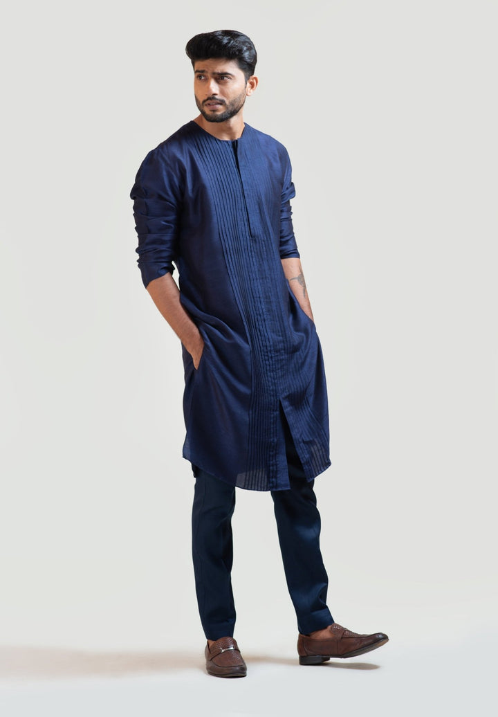Navy Blue Front Open Silk Kurta Set Smriti - Fabilicious Fashion
