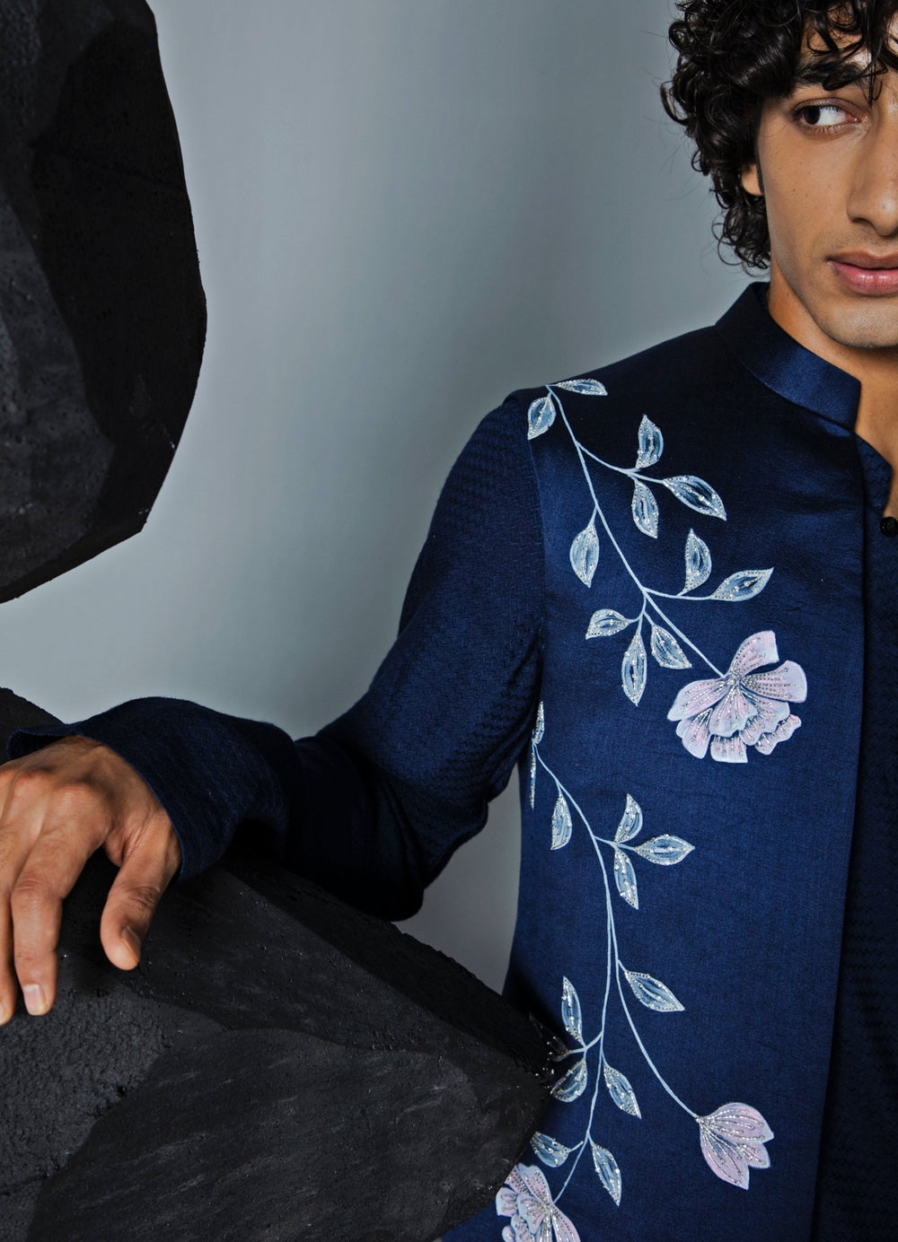 Navy Blue Printed Shrug Set With Front Open Kurta Contrast By Parth - Fabilicious Fashion