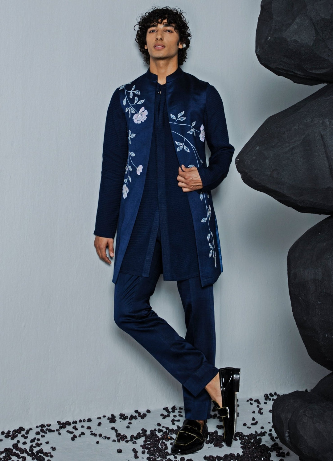 Navy Blue Printed Shrug Set With Front Open Kurta Contrast By Parth - Fabilicious Fashion