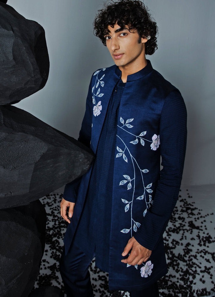 Navy Blue Printed Shrug Set With Front Open Kurta Contrast By Parth - Fabilicious Fashion