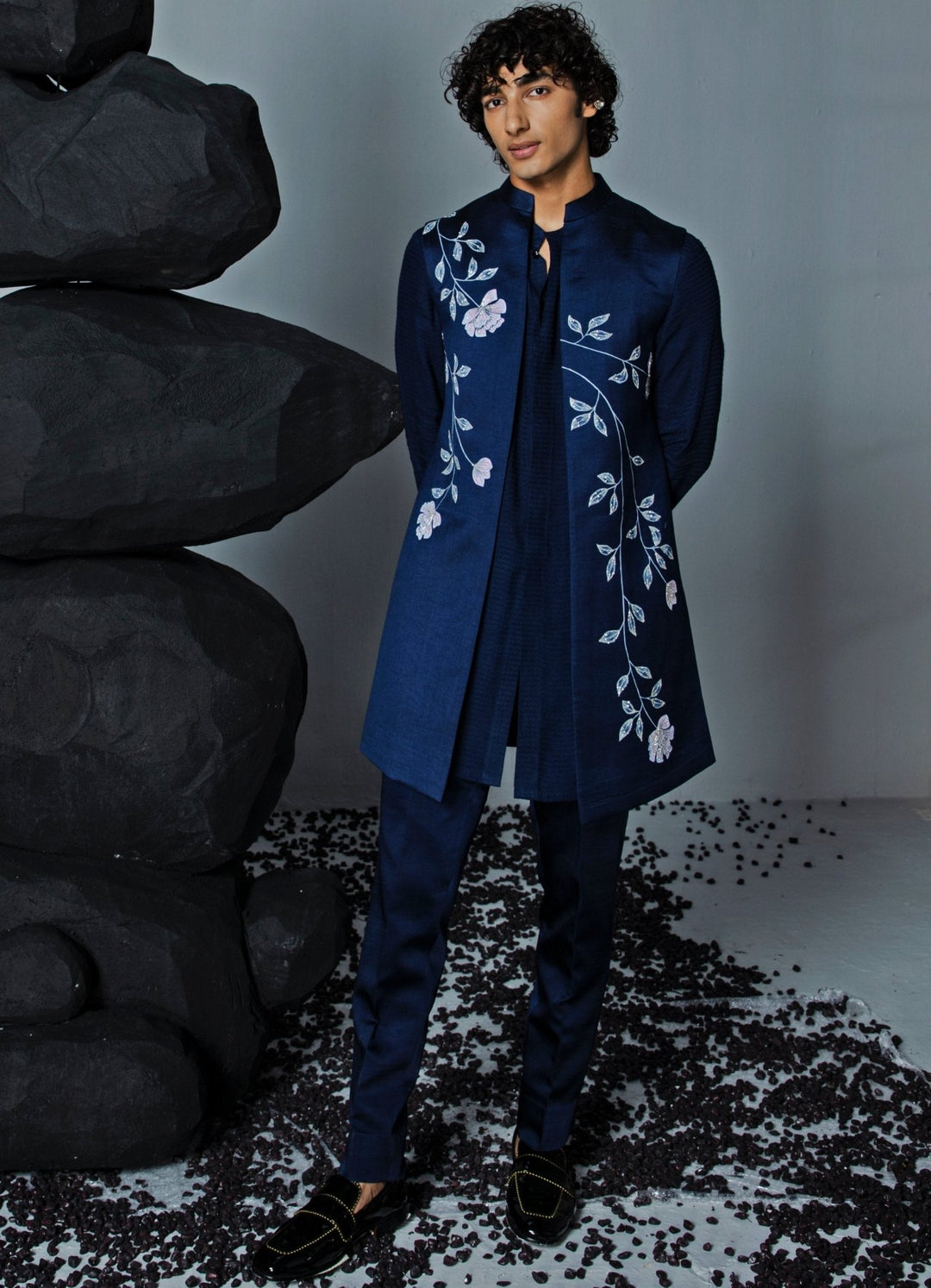 Navy Blue Printed Shrug Set With Front Open Kurta Contrast By Parth - Fabilicious Fashion