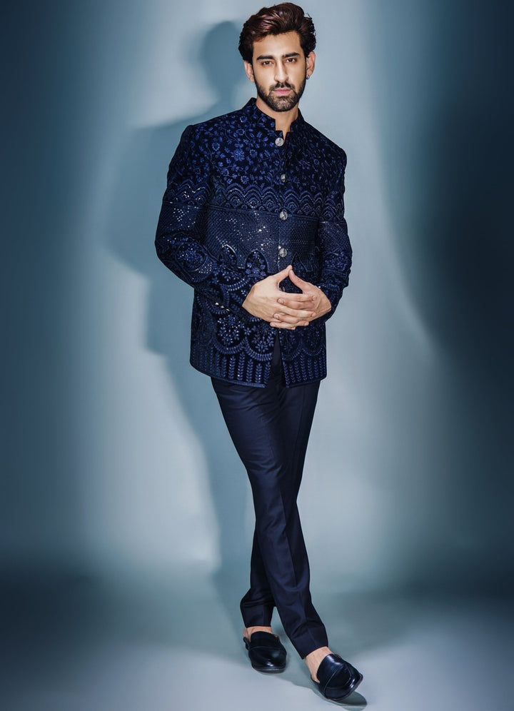 Navy Blue Sequinned Bandhgala Set Chatenya Mittal - Fabilicious Fashion
