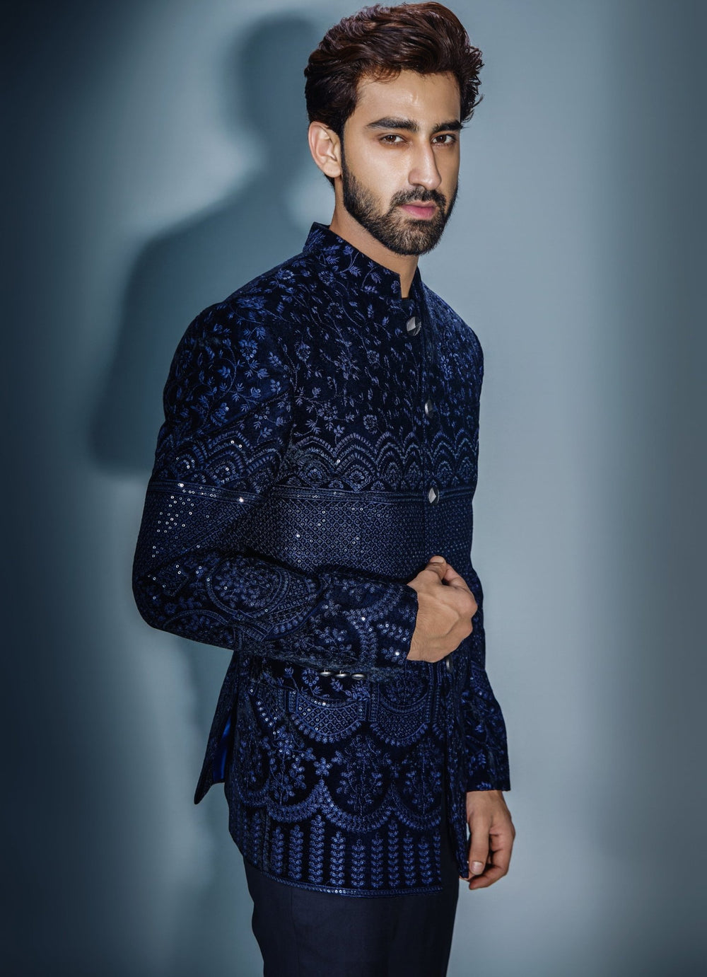Navy Blue Sequinned Bandhgala Set Chatenya Mittal - Fabilicious Fashion