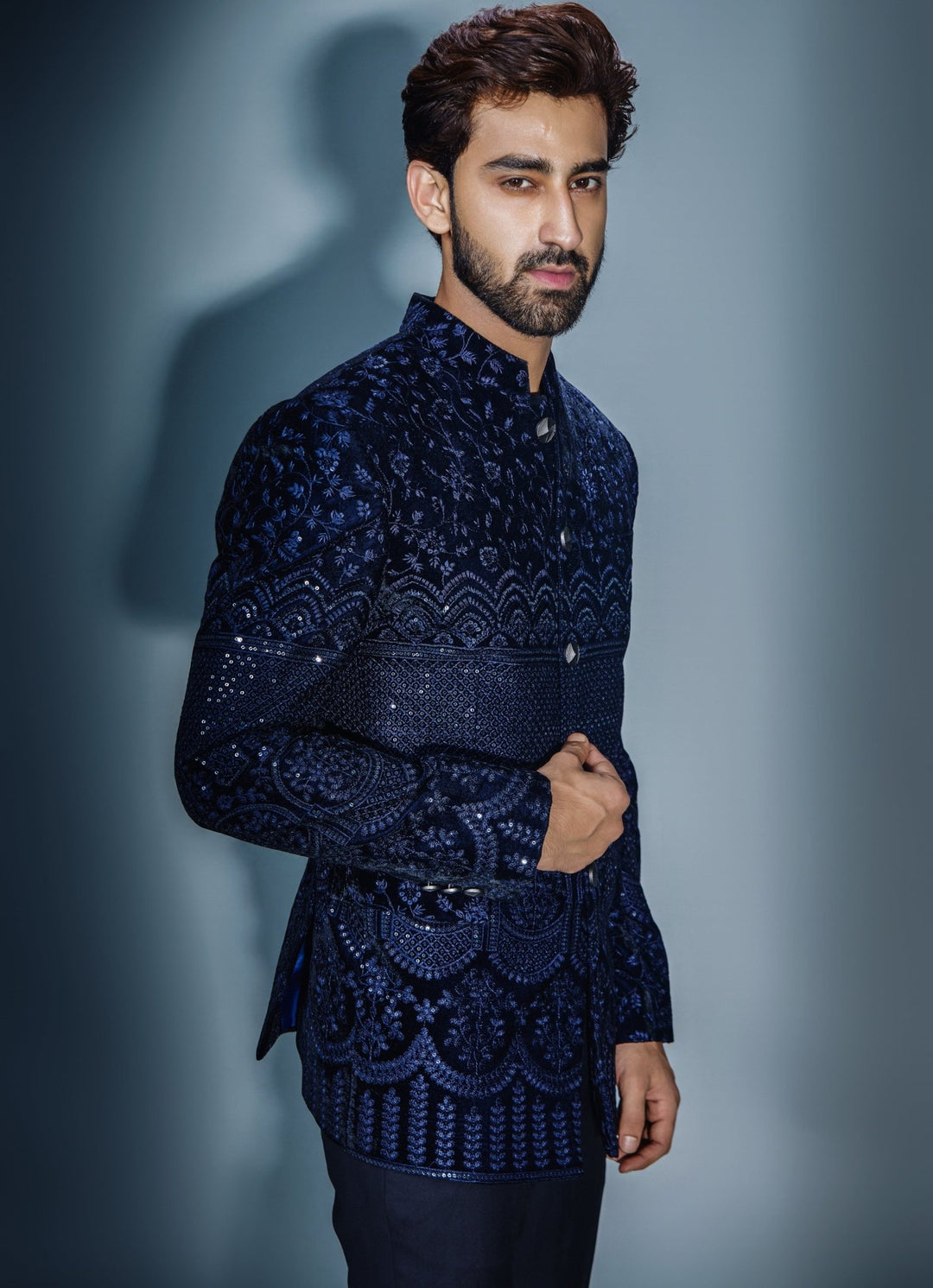 Navy Blue Sequinned Bandhgala Set Chatenya Mittal - Fabilicious Fashion