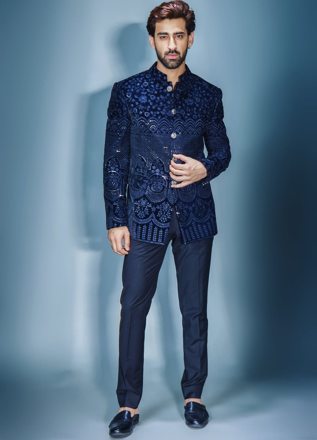 Navy Blue Sequinned Bandhgala Set Chatenya Mittal - Fabilicious Fashion
