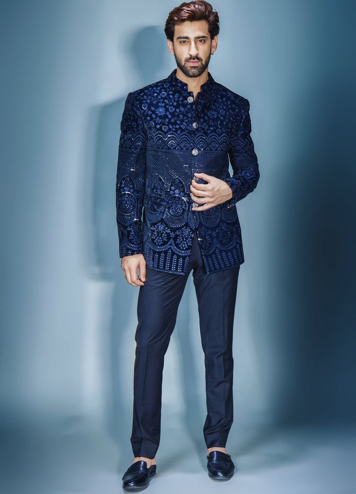 Navy Blue Sequinned Bandhgala Set Chatenya Mittal - Fabilicious Fashion