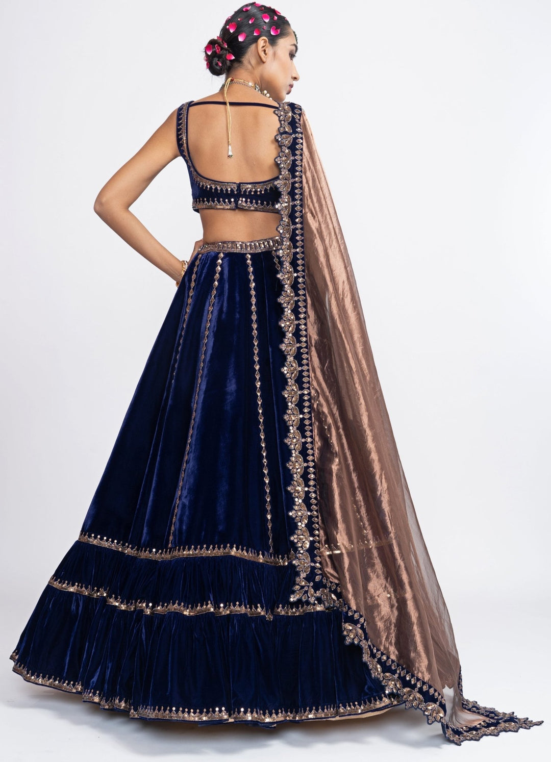 Navy Blue Tiered Lehenga Set Vvani by Vani Vats - Fabilicious Fashion