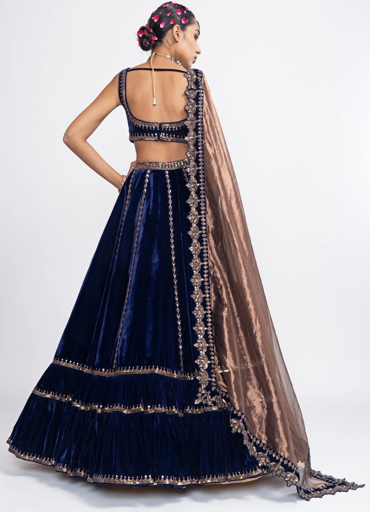 Navy Blue Tiered Lehenga Set Vvani by Vani Vats - Fabilicious Fashion