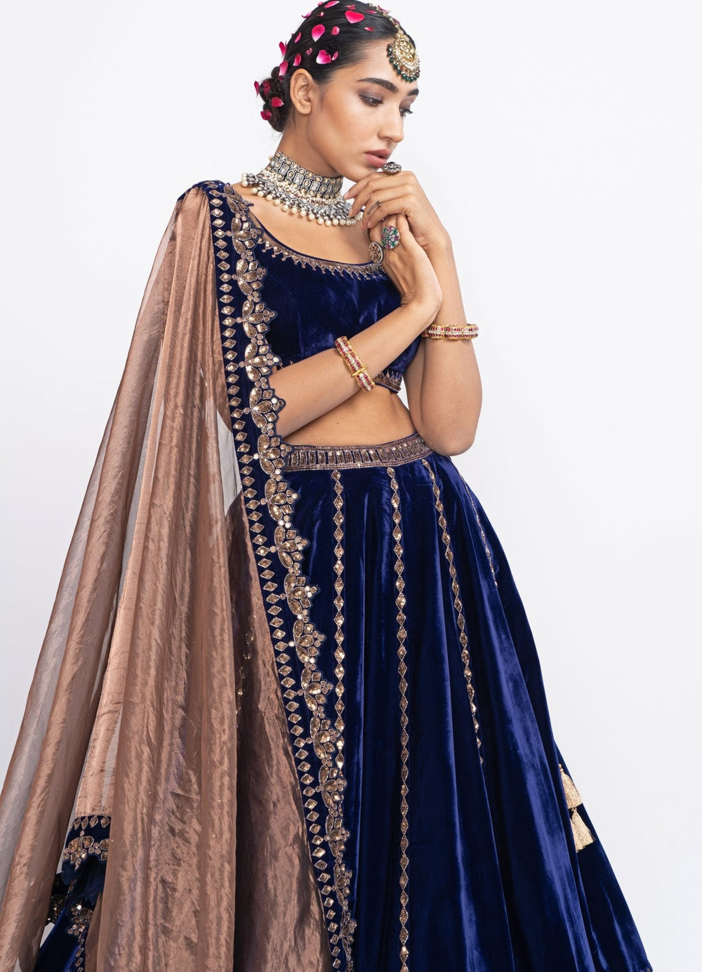 Navy Blue Tiered Lehenga Set Vvani by Vani Vats - Fabilicious Fashion
