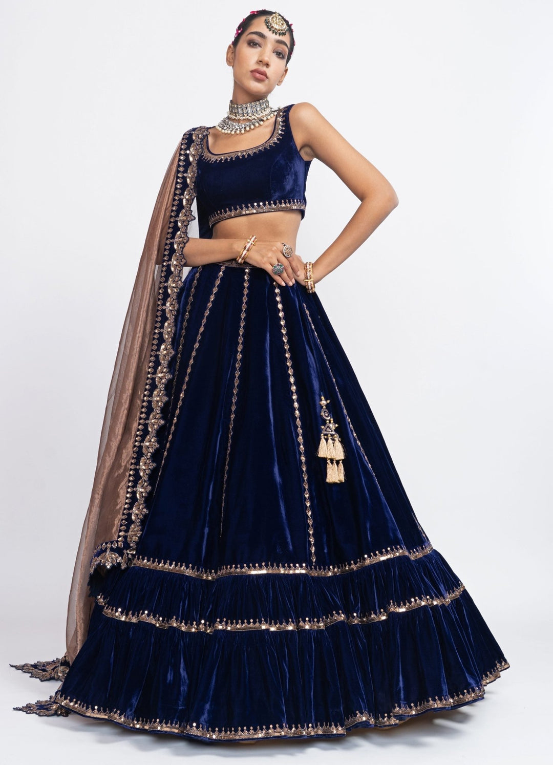 Navy Blue Tiered Lehenga Set Vvani by Vani Vats - Fabilicious Fashion