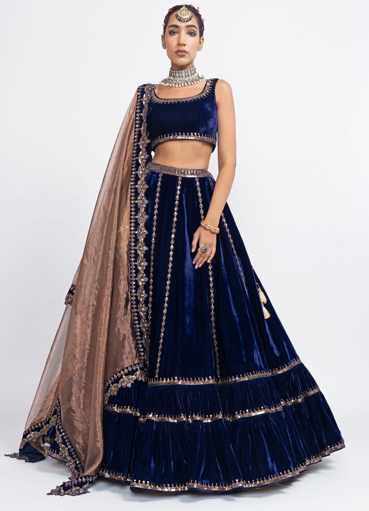 Navy Blue Tiered Lehenga Set Vvani by Vani Vats - Fabilicious Fashion