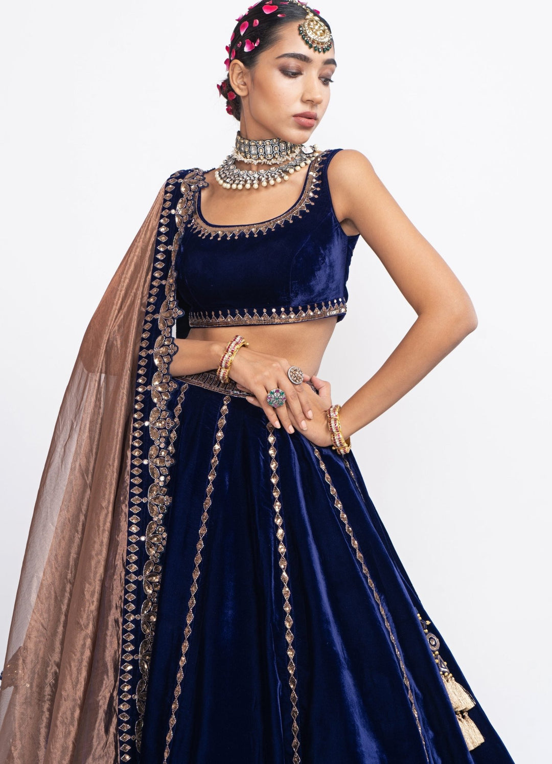 Navy Blue Tiered Lehenga Set Vvani by Vani Vats - Fabilicious Fashion