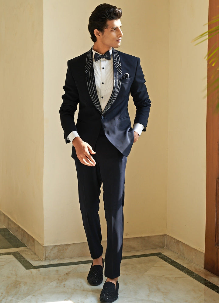 Navy Blue Tuxedo Set Contrast by Parth - Fabilicious Fashion