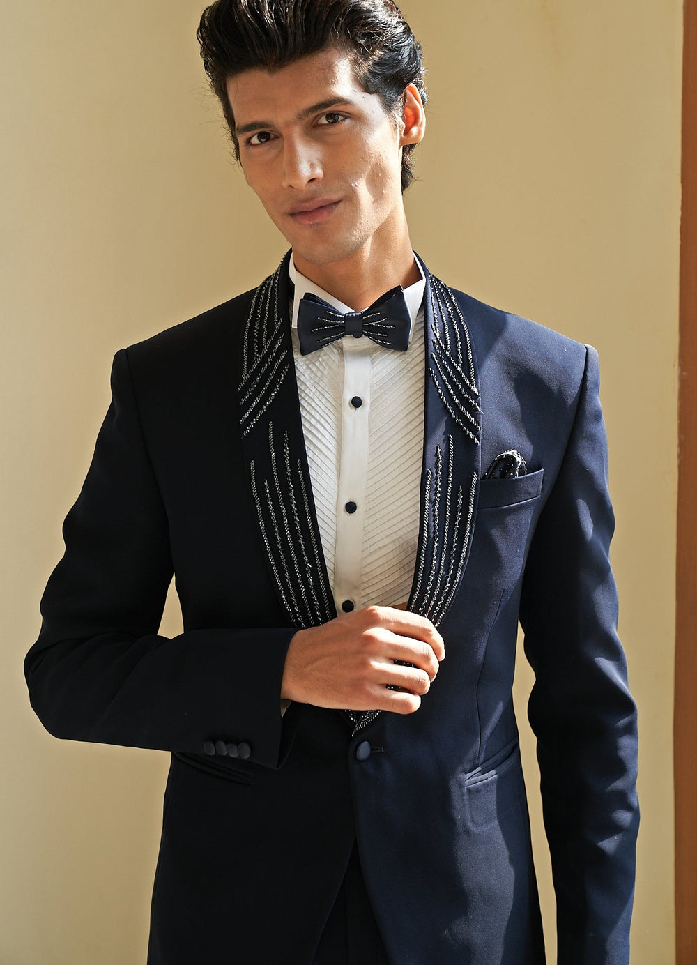 Navy Blue Tuxedo Set Contrast by Parth - Fabilicious Fashion
