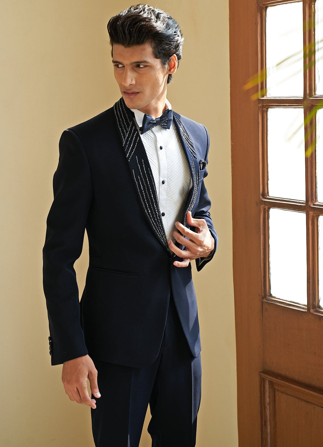Navy Blue Tuxedo Set Contrast by Parth - Fabilicious Fashion