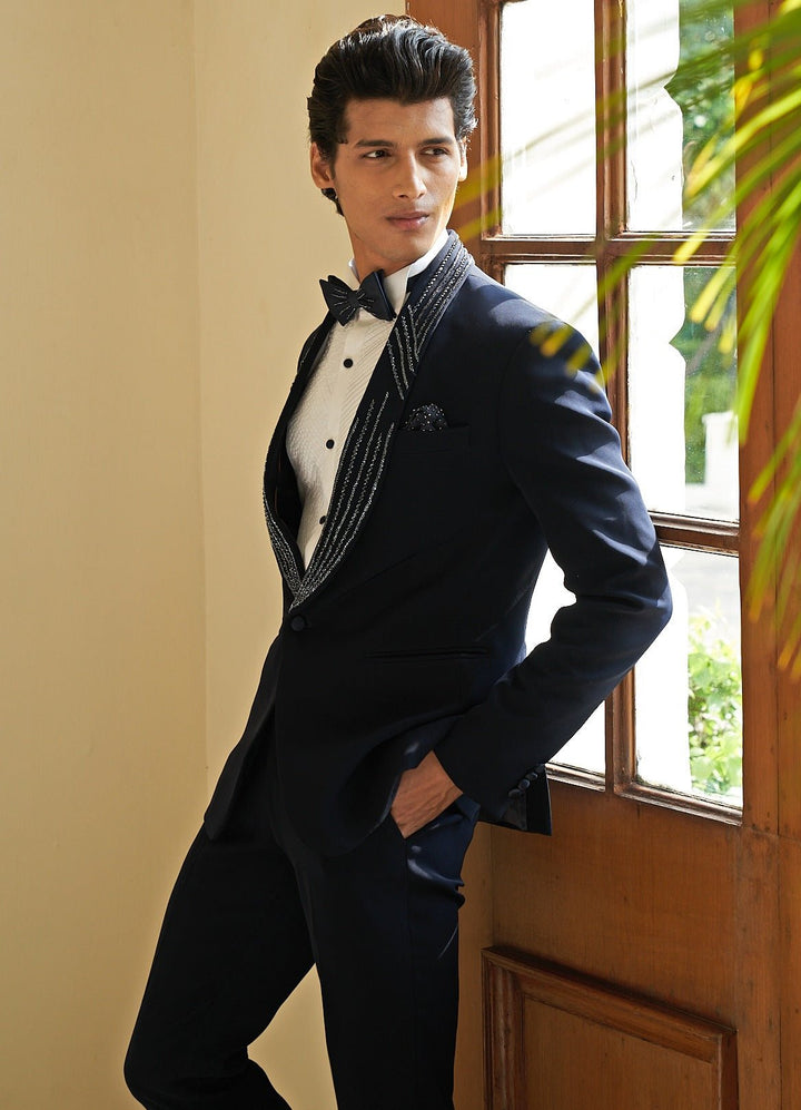 Navy Blue Tuxedo Set Contrast by Parth - Fabilicious Fashion