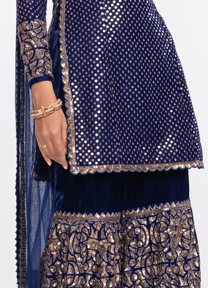 Navy Blue Velvet Kurta Sharara Set Anarkali and Sharara Vvani by Vani Vats 