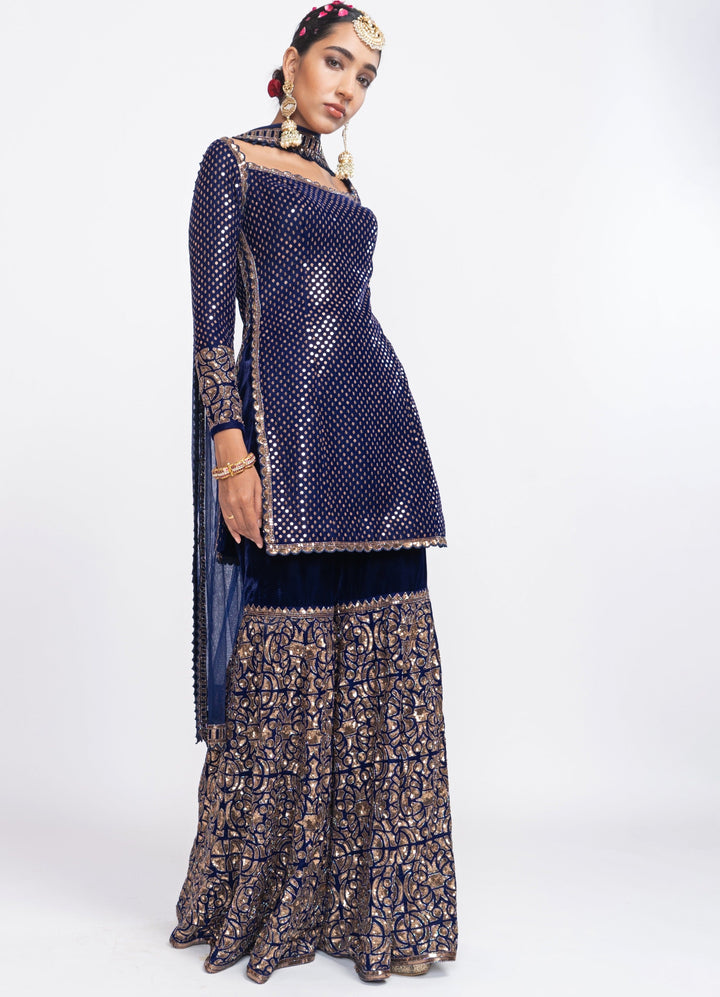 Navy Blue Velvet Kurta Sharara Set Anarkali and Sharara Vvani by Vani Vats 