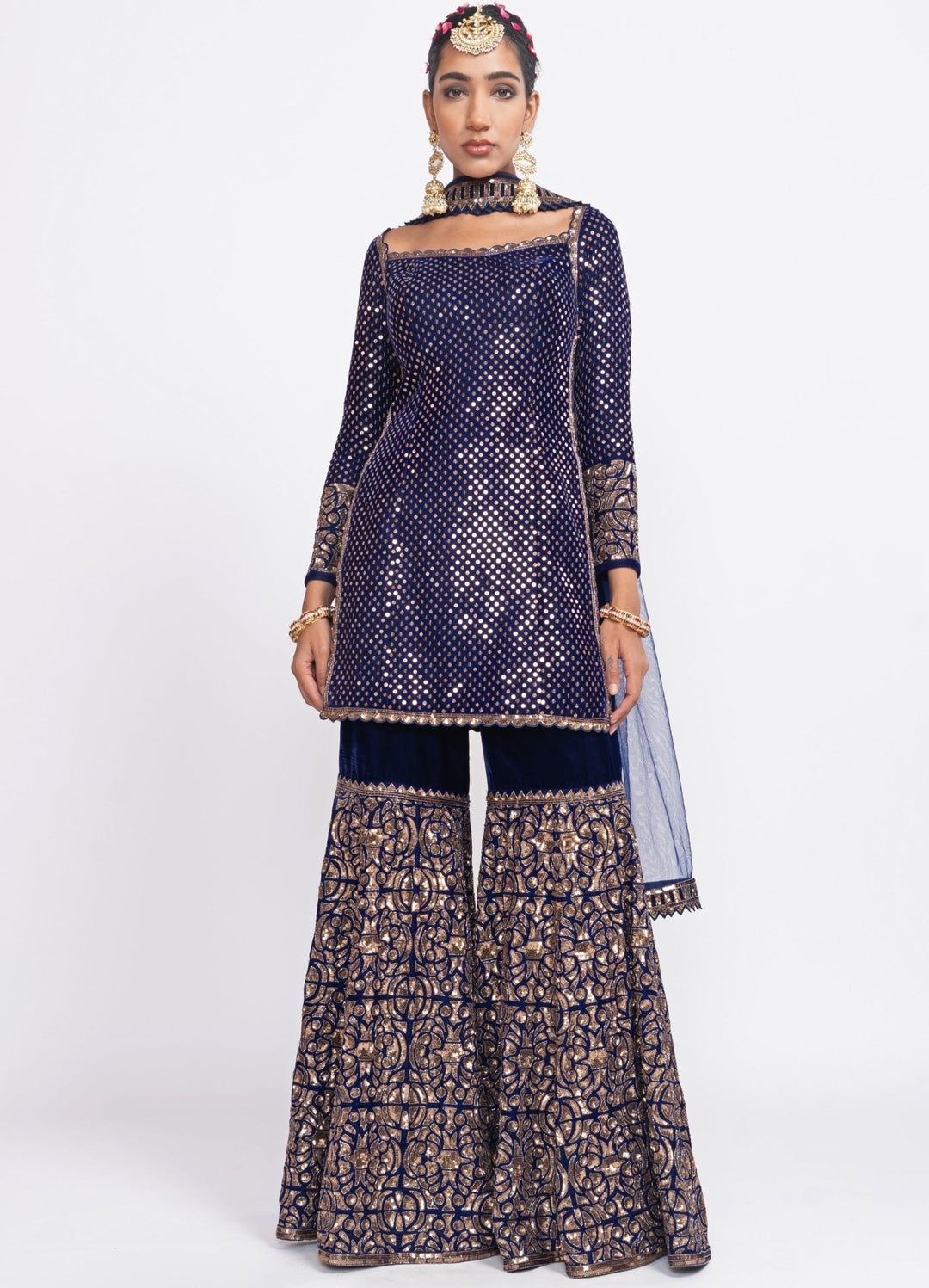 Navy Blue Velvet Kurta Sharara Set Vvani by Vani Vats - Fabilicious Fashion
