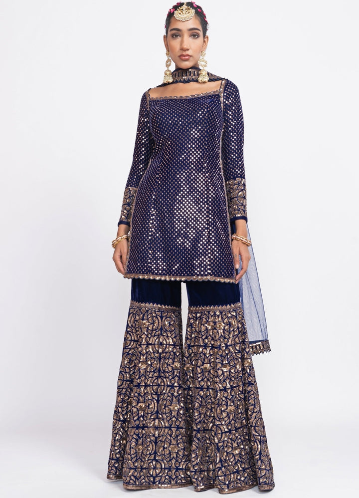 Navy Blue Velvet Kurta Sharara Set Vvani by Vani Vats - Fabilicious Fashion
