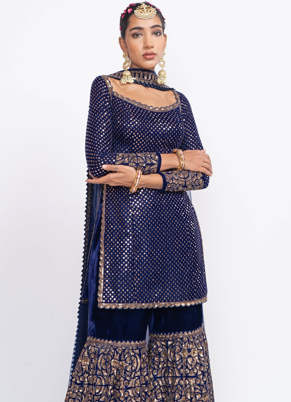 Navy Blue Velvet Kurta Sharara Set Vvani by Vani Vats - Fabilicious Fashion