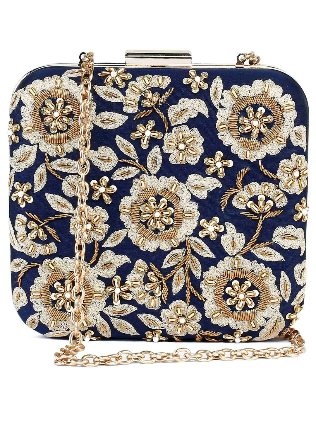 Navy Floral Zardosi Clutch The Purple Sack - Fabilicious Fashion