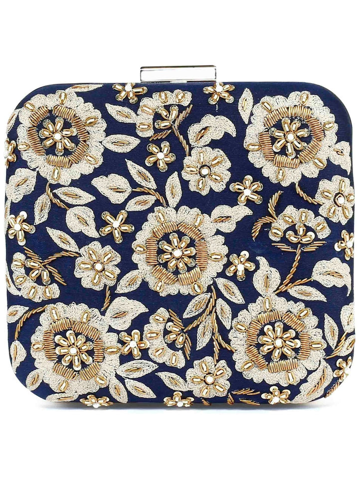 Navy Floral Zardosi Clutch The Purple Sack - Fabilicious Fashion
