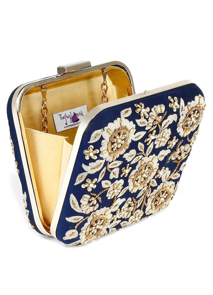 Navy Floral Zardosi Clutch The Purple Sack - Fabilicious Fashion