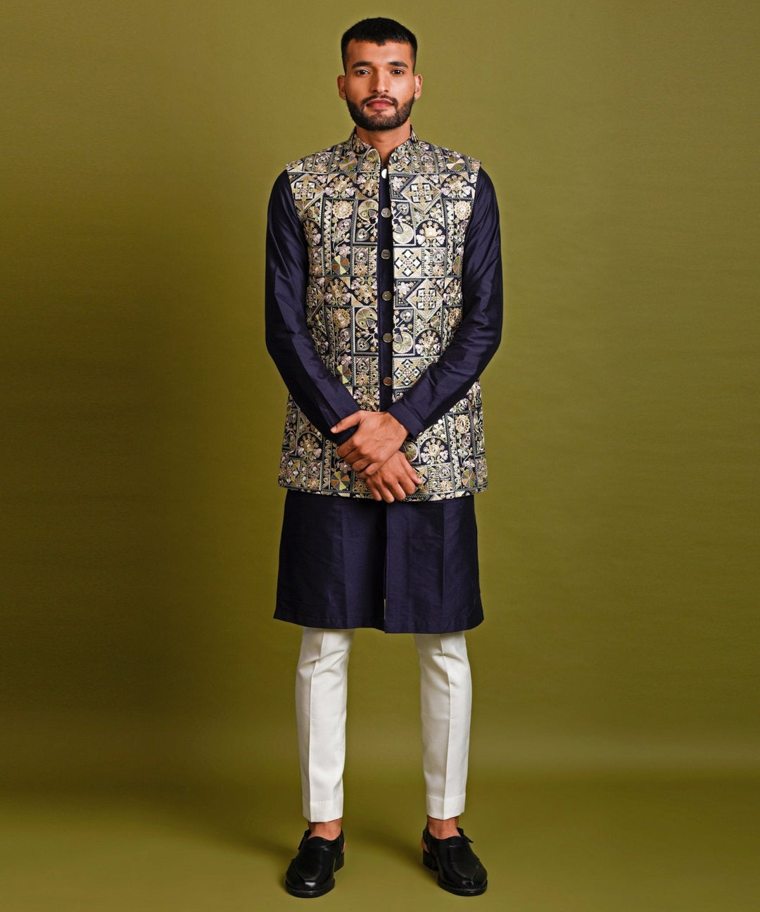 Navy Thread Embellished And Patra Work Open Jacket With Kurta Pyjama Chatenya Mittal - Fabilicious Fashion