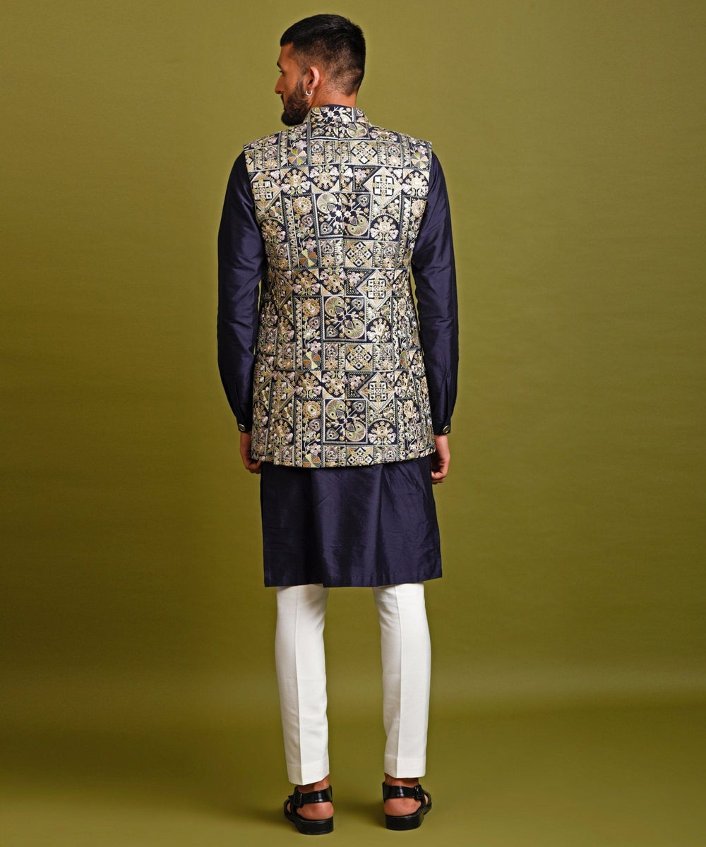 Navy Thread Embellished And Patra Work Open Jacket With Kurta Pyjama Chatenya Mittal - Fabilicious Fashion
