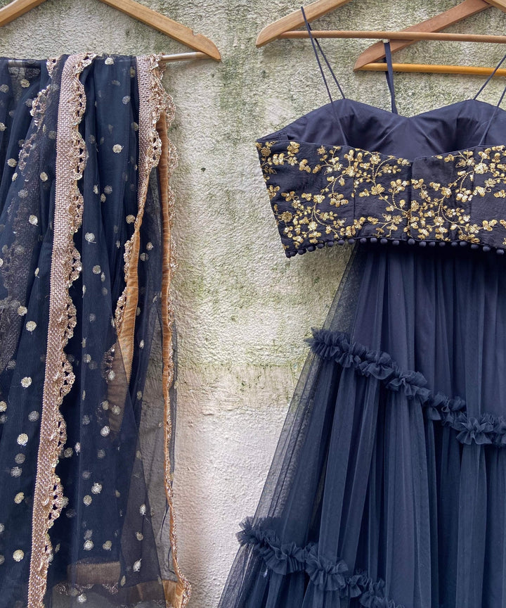 Navy Tier and Ruffle set with Bustier Priti Sahni - Fabilicious Fashion