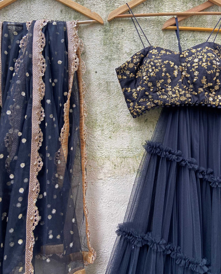 Navy Tier and Ruffle set with Bustier Priti Sahni - Fabilicious Fashion