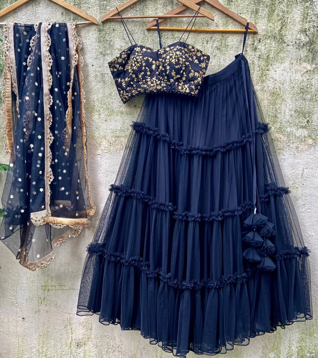 Navy Tier and Ruffle set with Bustier Priti Sahni - Fabilicious Fashion