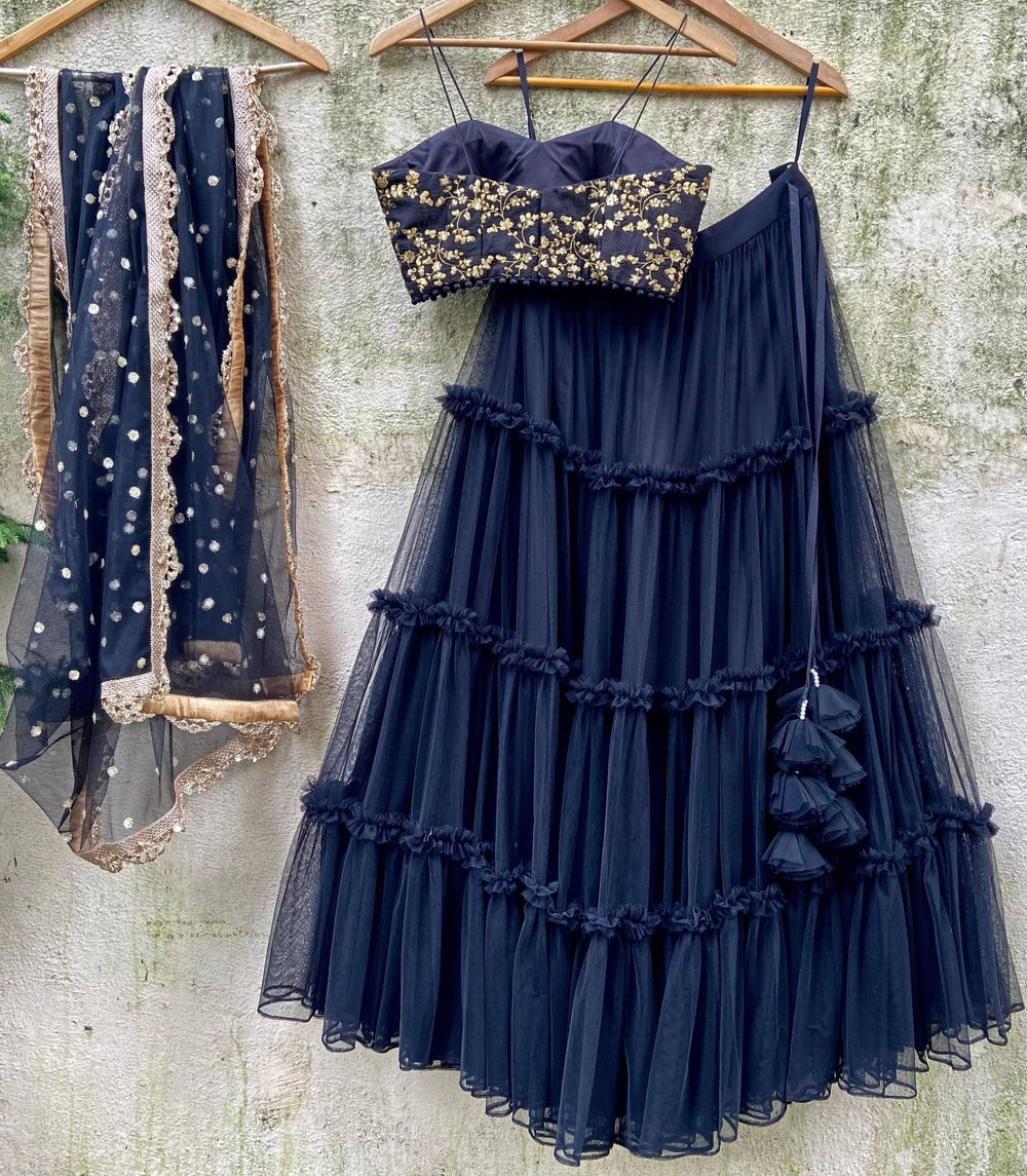 Navy Tier and Ruffle set with Bustier Priti Sahni - Fabilicious Fashion