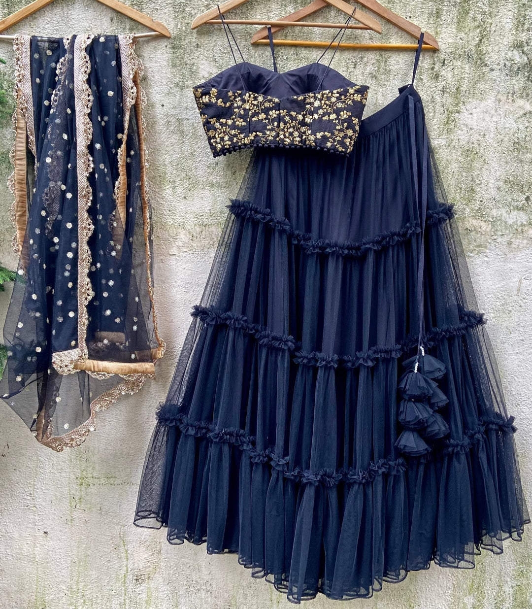 Navy Tier and Ruffle set with Bustier Priti Sahni - Fabilicious Fashion