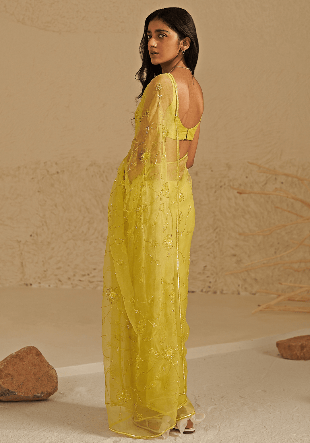 Neon Green Organza Silk Embroidered Saree Set Zoon Tribe - Fabilicious Fashion