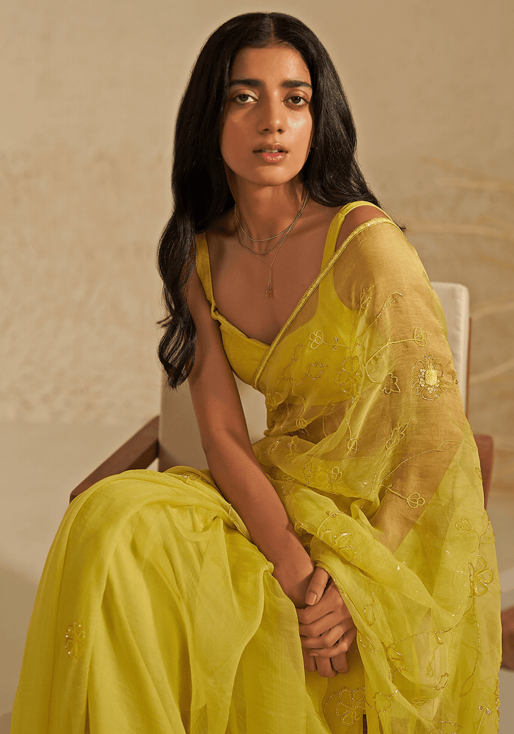 Neon Green Organza Silk Embroidered Saree Set Zoon Tribe - Fabilicious Fashion
