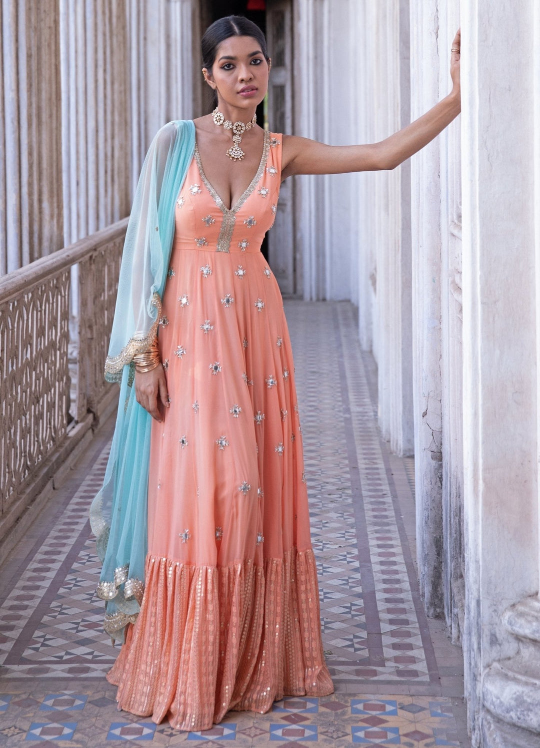 Nitara Tangerine and Mint Anarkali Set Renee - Fabilicious Fashion