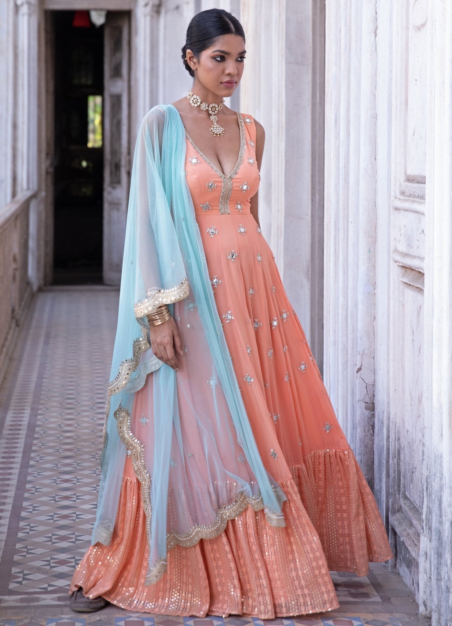 Renee tangerine and mint flowy anarkali — anarkali for wedding guests
